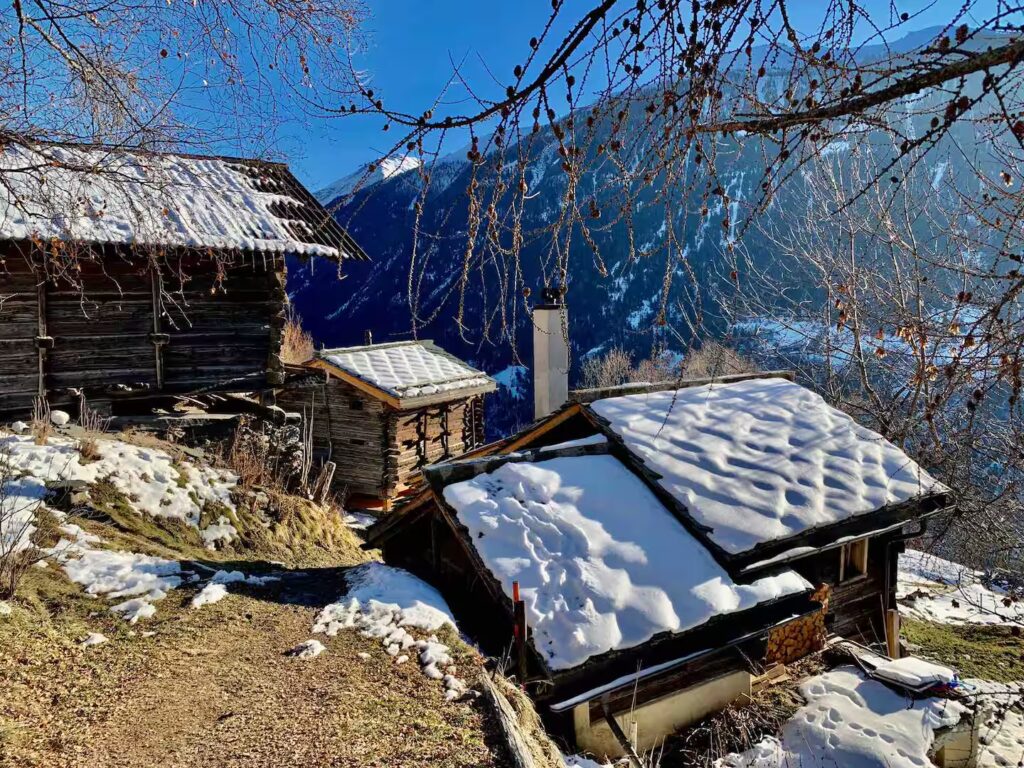 Le Raccard de Louise and neighbouring raccards under snow